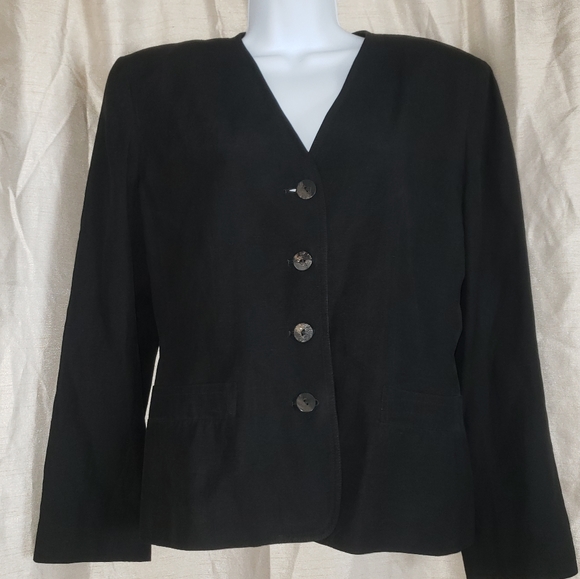 Vintage 80's Jaeger black silk & linen 4 button collar less blazer Women… - Picture 5 of 10